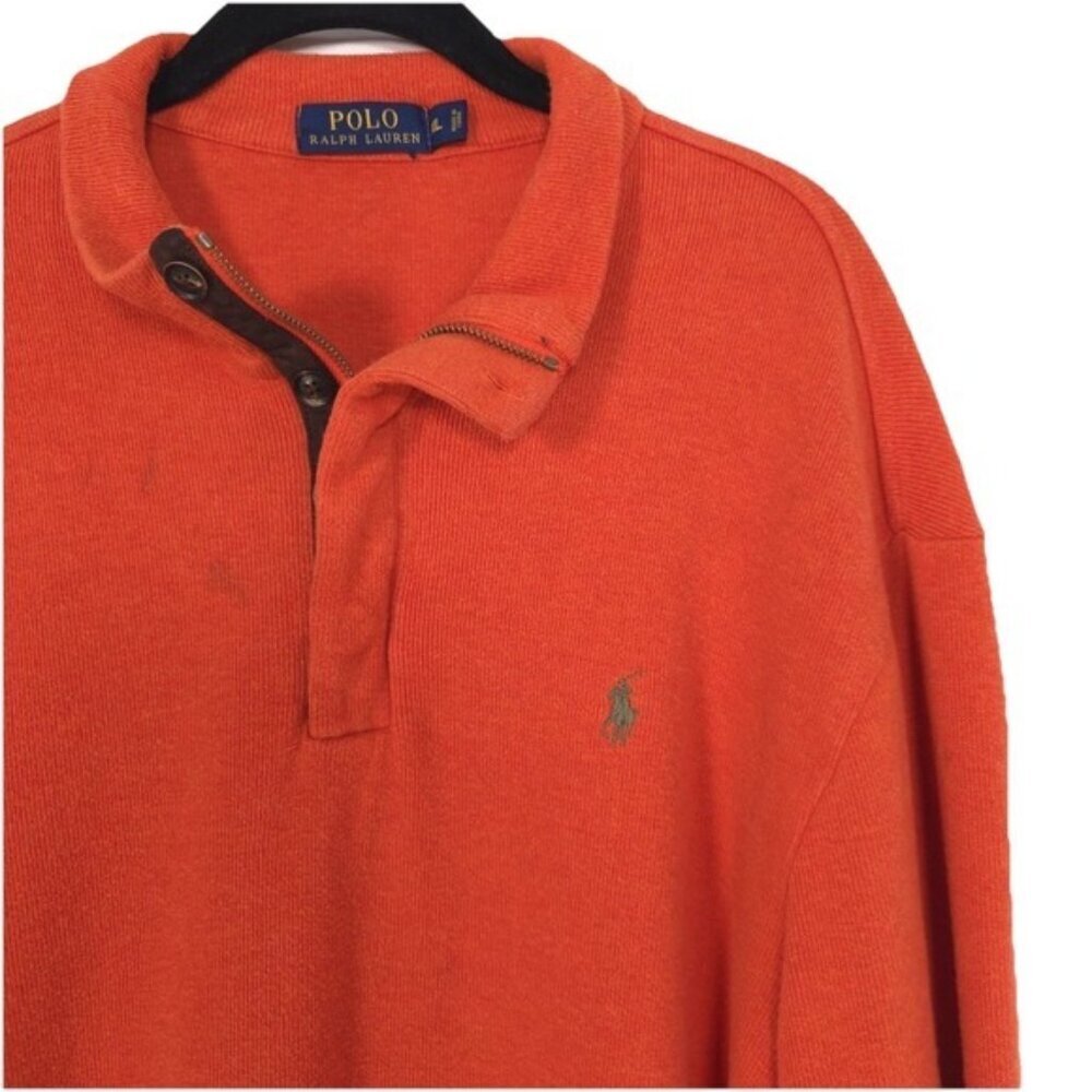 POLO RALPH LAUREN Orange 1/4 Zip Sweater XL Cotton‎ Suede Elbows & Placket RARE